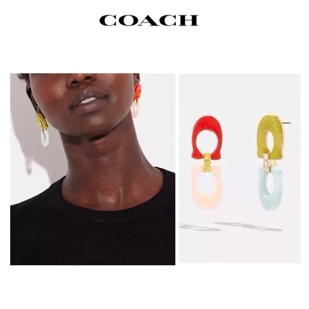 NWT COACH Signature C Logo 12-K Gold Plated Glass Crystals Resin Drop Earrings - Picture 3 of 10